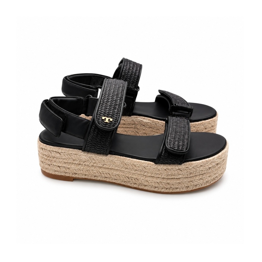 Tory Burch‎ Sport Platform Espadrille Sandals 6.5 Black Raffia Woven Leather